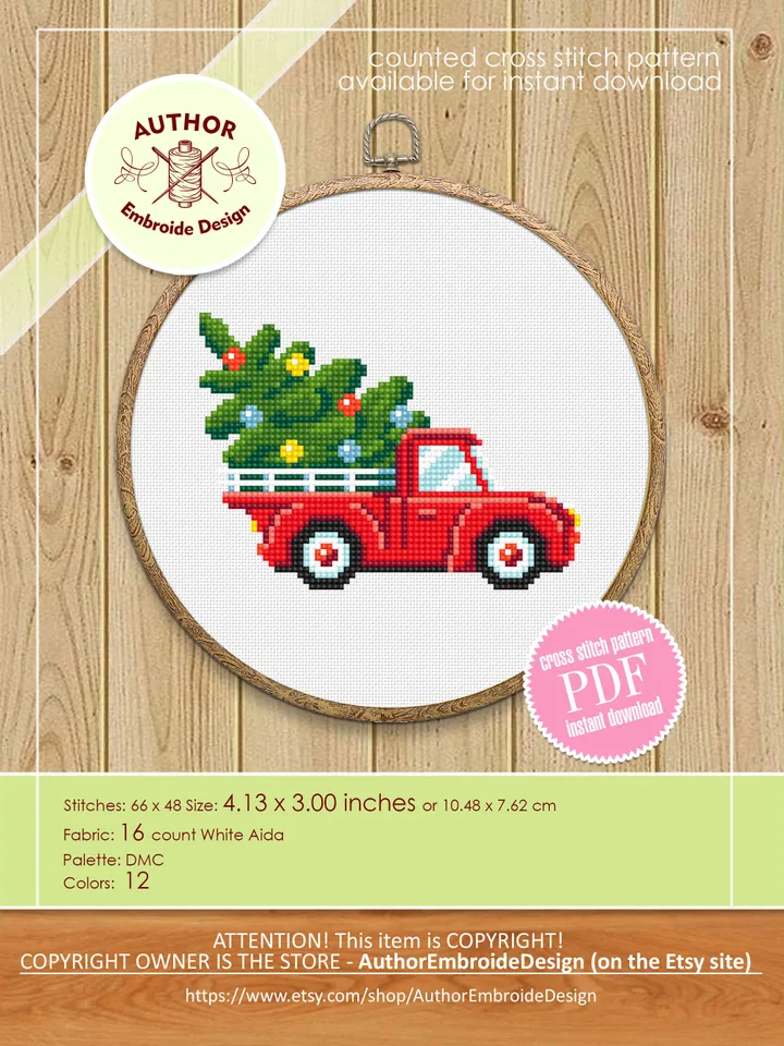 Vintage truck cross stitch pattern PDF download Set of 5 farmhouse truck pattern digital PDF, Small cross stitch chart, Holiday decor #T35