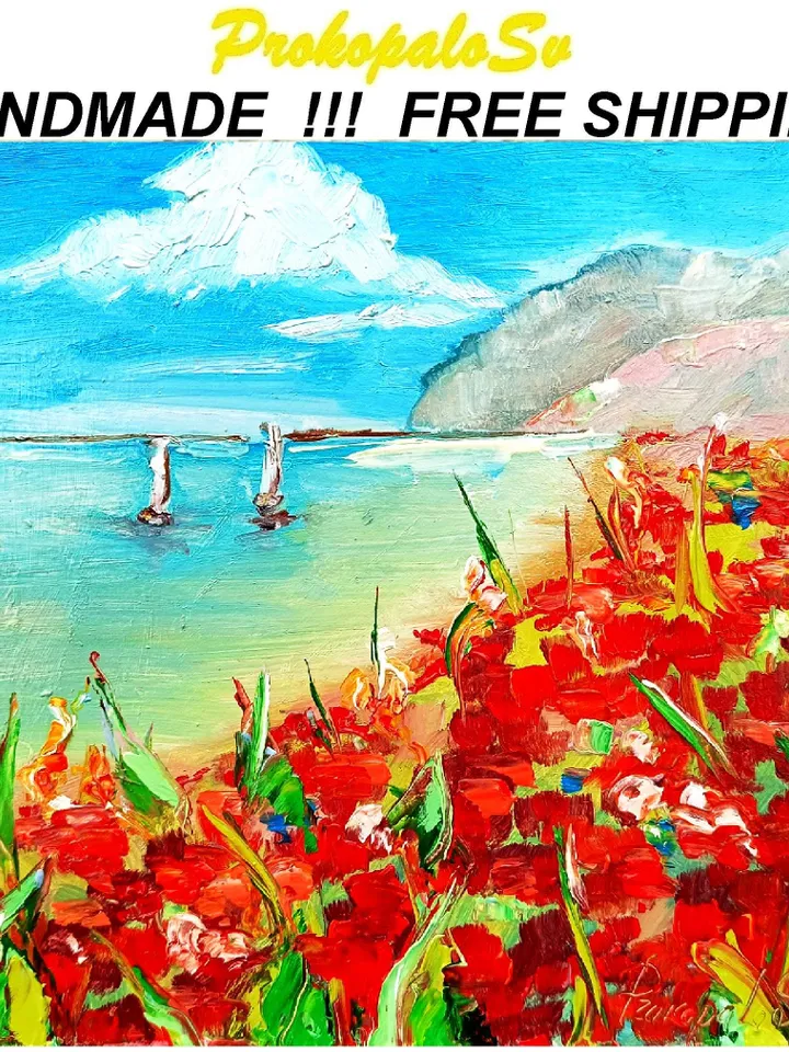 Point Reyes Painting Red Poppies Fields Impasto Art California Seascape Original Artwork Travel Gift Gifts  8 x 8 by ArtProkopaloSv