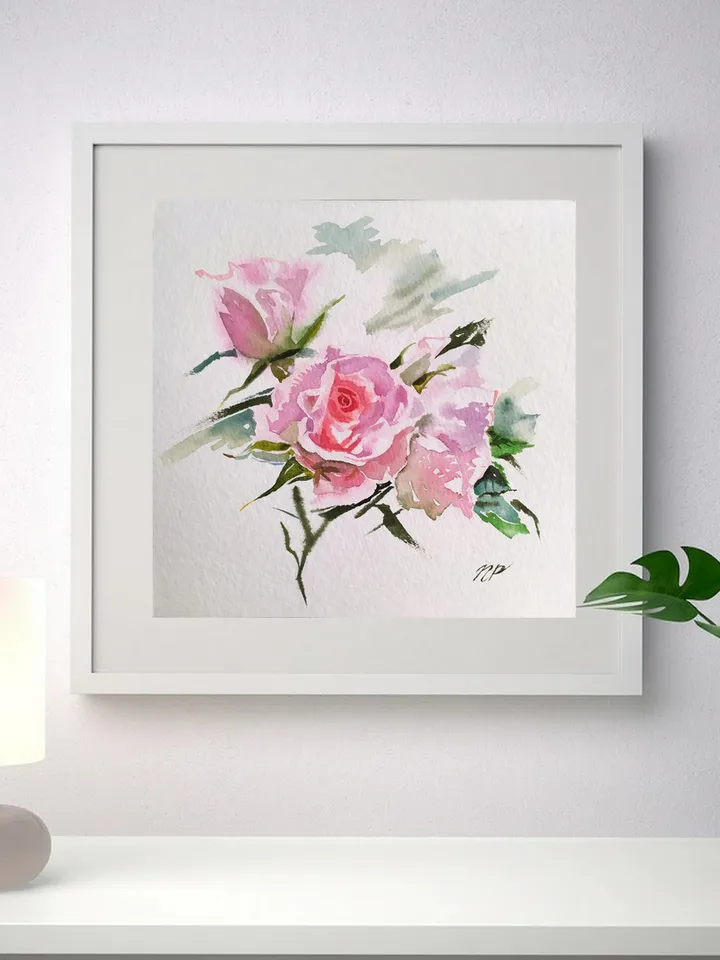 Rose Painting Floral original art 6 by 6 Pink Flower watercolor Pink rose wall art Rose aquarelle by Natalia Plotnikova