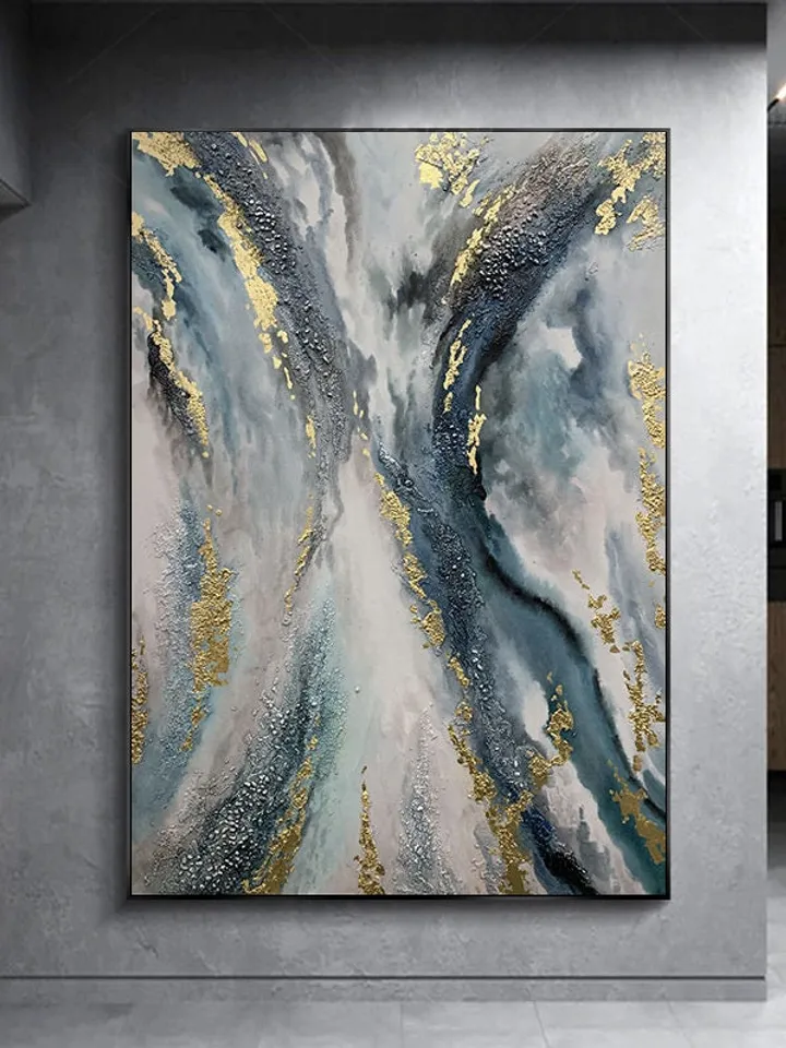 Large Gold leaf Abstract Painting,Original Blue Abstract Painting,Large Painting on Canvas,Large Abstract Art,Office Wall Decor,Wall Art
