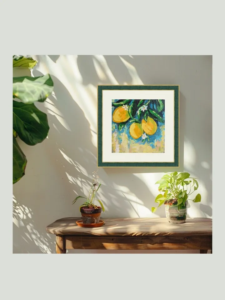 Original Oil Painting of Lemons on a Branch – Fresh Citrus Mini Art Bright Kitchen Wall Decor
