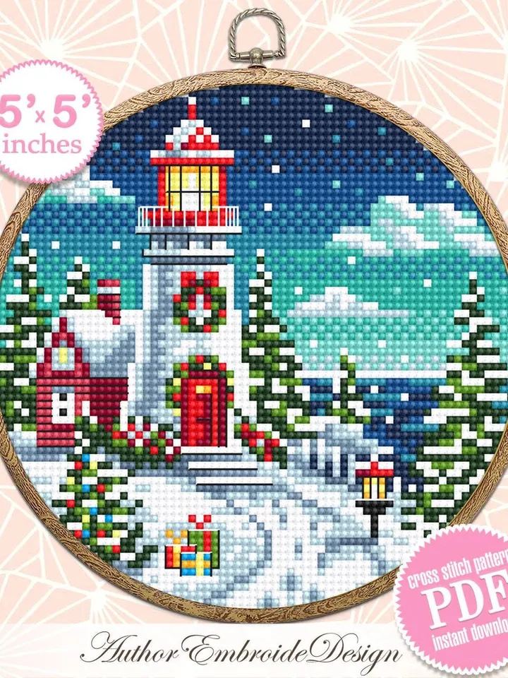 Christmas lighthouse cross stitch pattern PDF download Winter landscape cross stitch chart, Christmas pattern digital PDF Winter house #N186