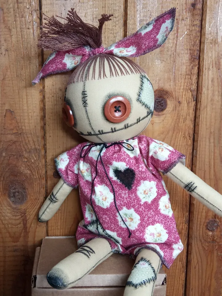 Handmade Doll With Button Eyes (Pink)