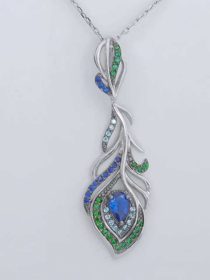 Women's neck pendant rhodium plated 925 sterling silver with cubic zirconia, Peacock Feather