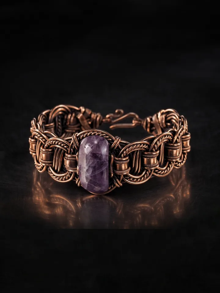 Copper wire wrapped bracelet with amethyst for lady Antique style WireWrapArt