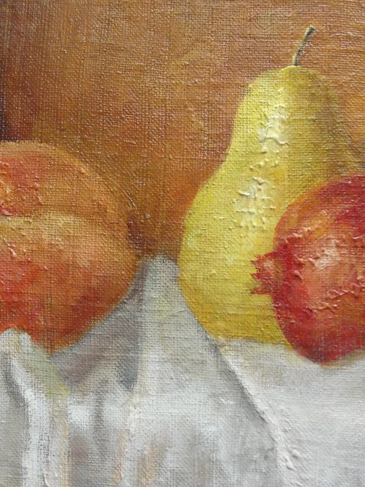 "Peach, pear and pomegranate" fruit oil painting still life original wall art picture small