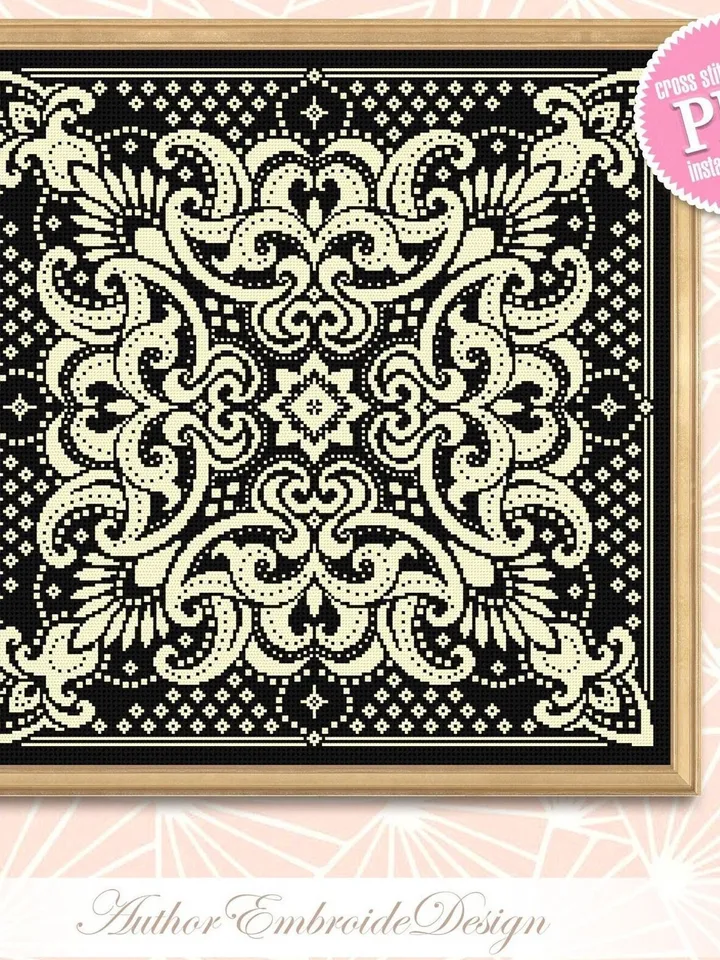 Square mandala cross stitch pattern PDF download, Carpet counted cross stitch chart, Square ornament pattern for cross stitch pillow #M200