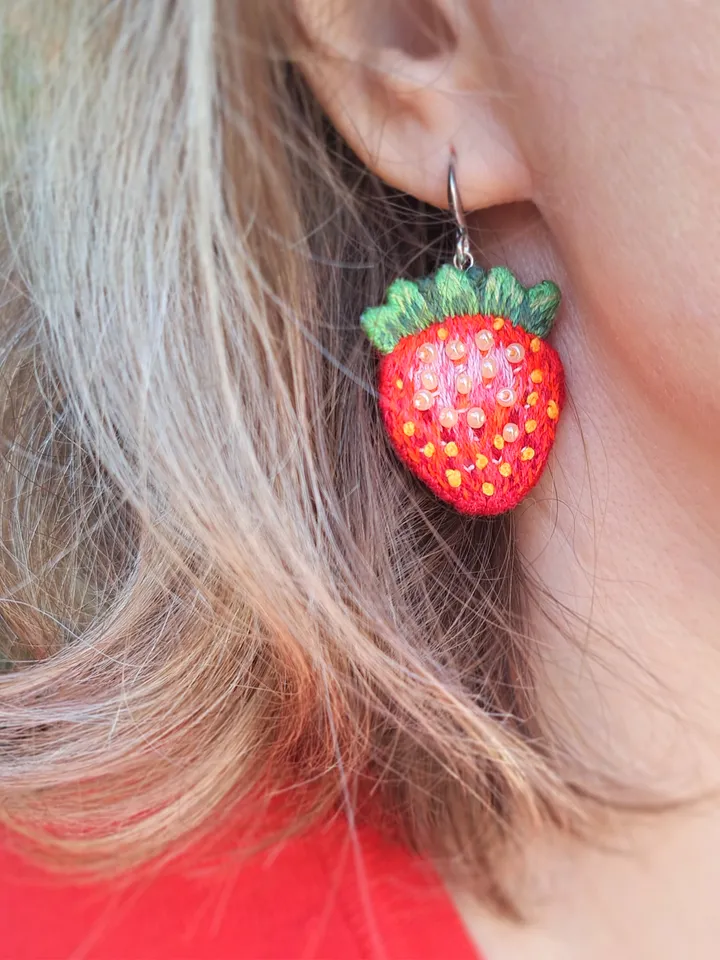 Strawberry Earrings Hand Embroidered, Sweet Strawberry Earrings, Birthday gift, Stylish accessory, Boho design