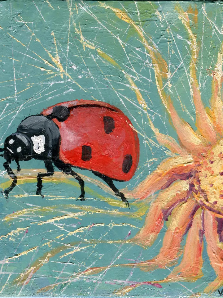 Mini oil Painting flowers with a Ladybug oil canvas on magnet