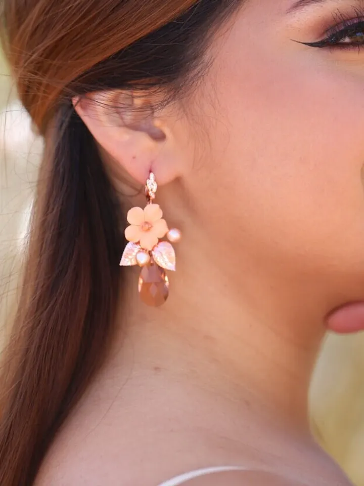 Delicate Porcelain Flowers Boho Wedding Earrings, Rose Gold Blush Chandelier Statement Floral Bridal Earrings, Leaf Wedding Jewelry Set