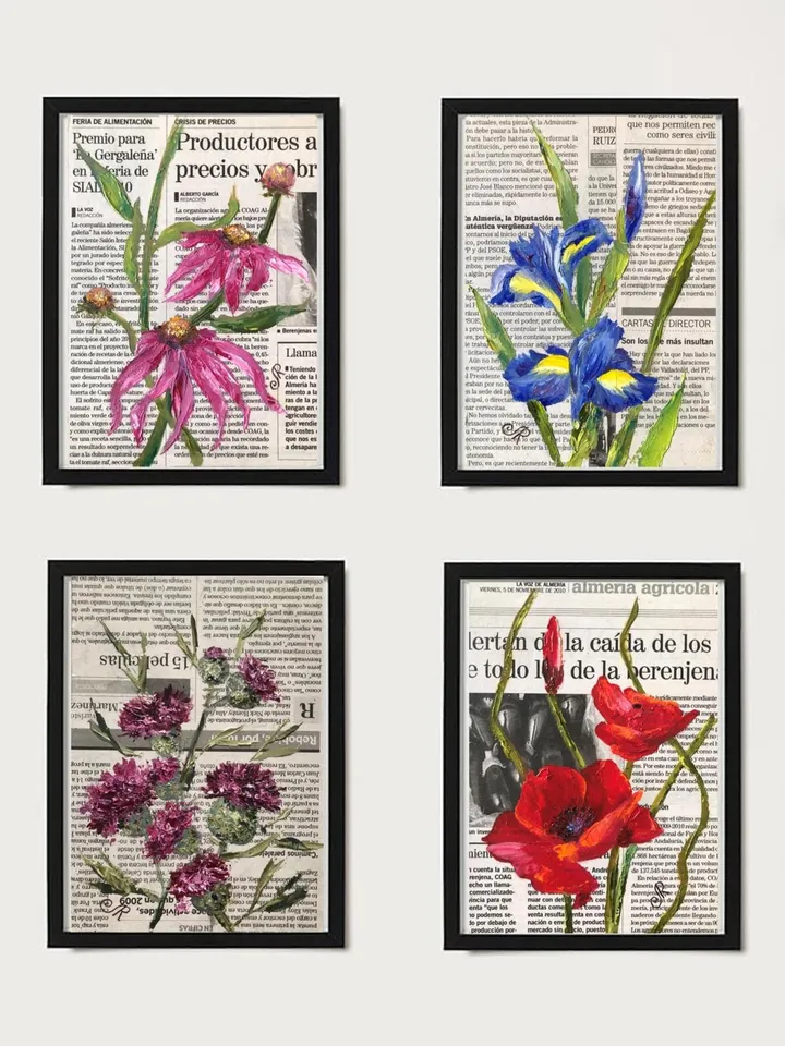Flowers Original Painting Set of 4 Floral Oil Wall Art Dictionary Art