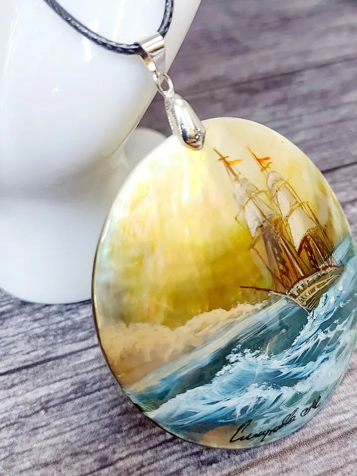 Pearl pendant necklace: Sailboat on the waves painted on shell jewelry • Free sail in sea • Dainty hand made jewellery with ship in ocean
