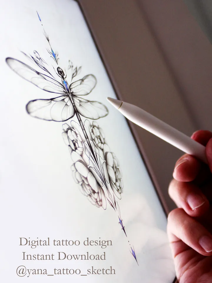 Dragonfly Tattoo Design Flowers And Dragonfly Tattoo Idea Stencil Sketch, Instant download PDF, JPG