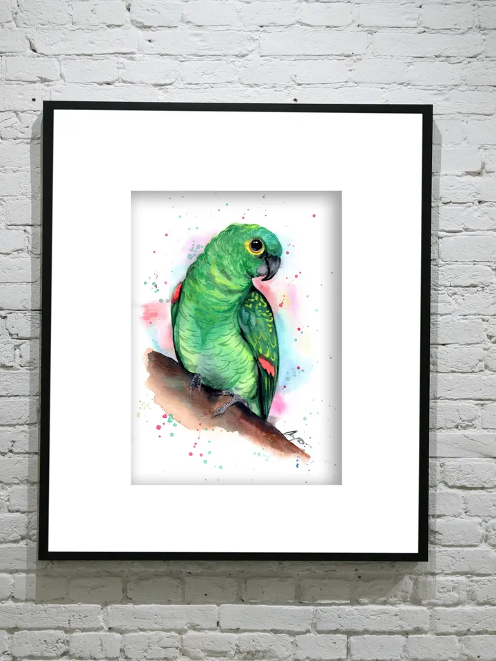 Green Parrot Bird Watercolour, bird painting, wall decor, birds lover gift, 8x11 in handmade art by Anne Gorywine