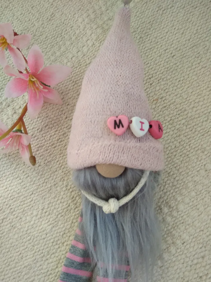 Pink and grey Gnome charm with your name