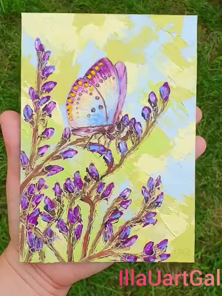 Lavender Painting Butterfly Original Art Floral Wall Art Flower Painting Small