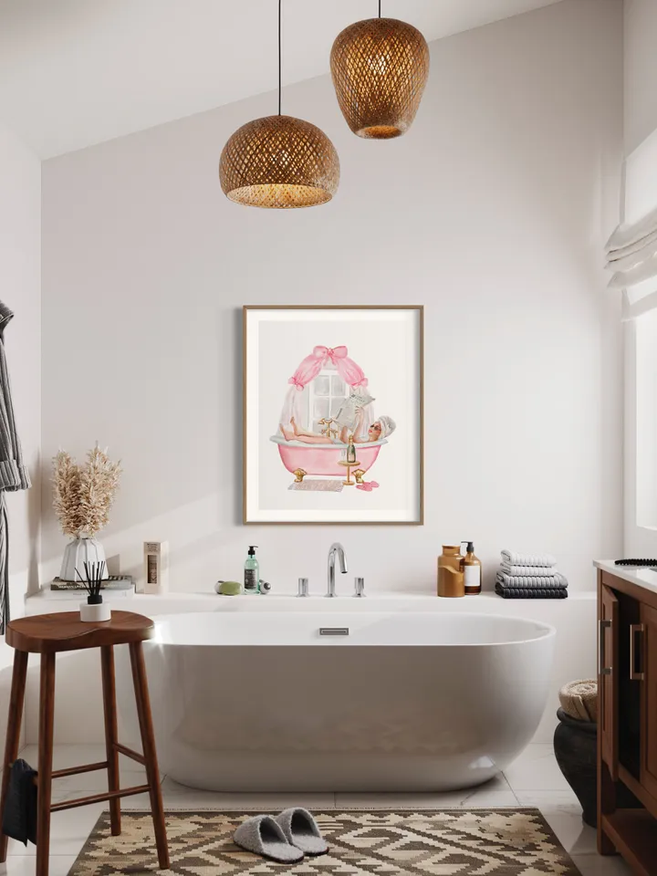 Pink Bathroom Vintage Bow Watercolor Print, Woman Drinking Art, Pink Bow, Pink Bathtub, Boho Bathroom, Bath Decor, Gift For Her, Bathtub Art