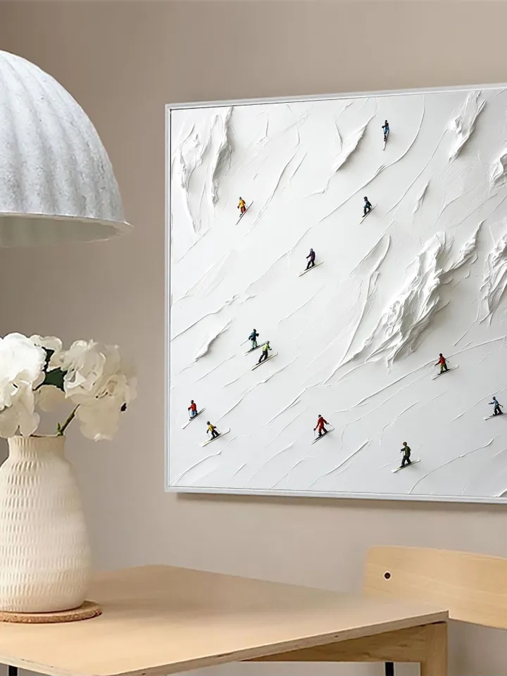 Skiers on the Slopes, 3D Impasto Winter Sports Art, Textured White Mountain Painting, Miniature Skiers Decor, Unique Gift for Ski Lovers