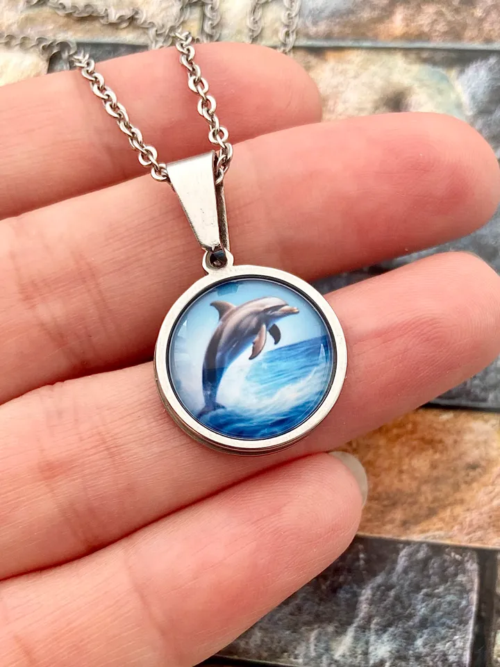 Dolphin necklace, steel pendant with glass, Dolphin lover gift