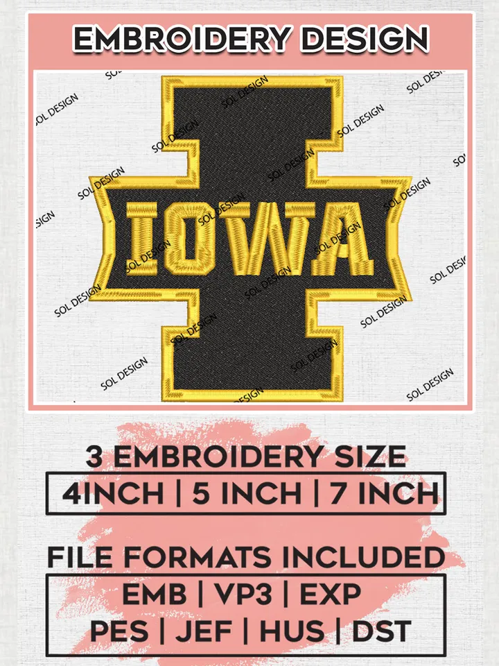 NCAA Iowa College Team Letter Logo Embroidery Design Files, NCAA Iowa Hawkeyes Machine Embroidery, NCAA Teams, 3 sizes, NCAA Machine embroidery designs, Digital Download
