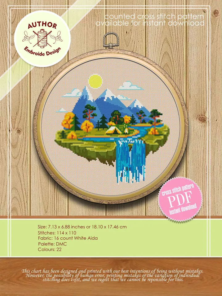 Nature cross stitch pattern download PDF Camping tent digital PDF Mountain landscape cross stitch Adventure awaits Summer travel stitch #L41