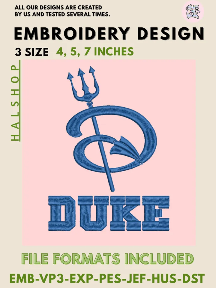 Duke Blue Devils NCAA Logo Embroidery Files – College Sports Team Design, 3 Sizes, Instant Digital Download for Machine Embroidery Projects