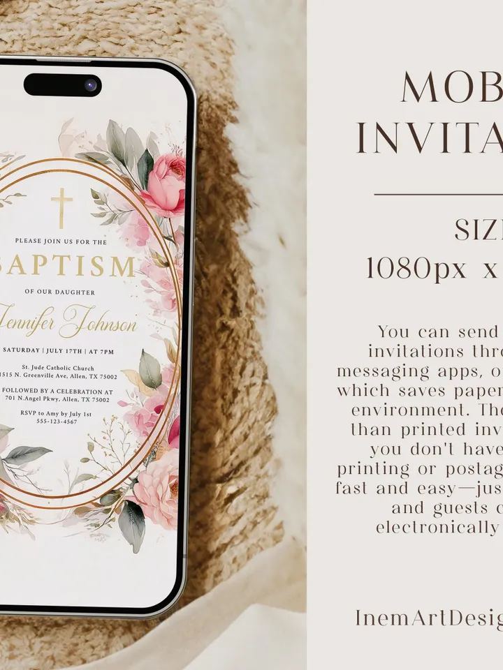 EDITABLE Floral Baptism Invitation, Printable Blush Pink & Gold Floral Template, Christening Digital Invite, Instant Download Canva template