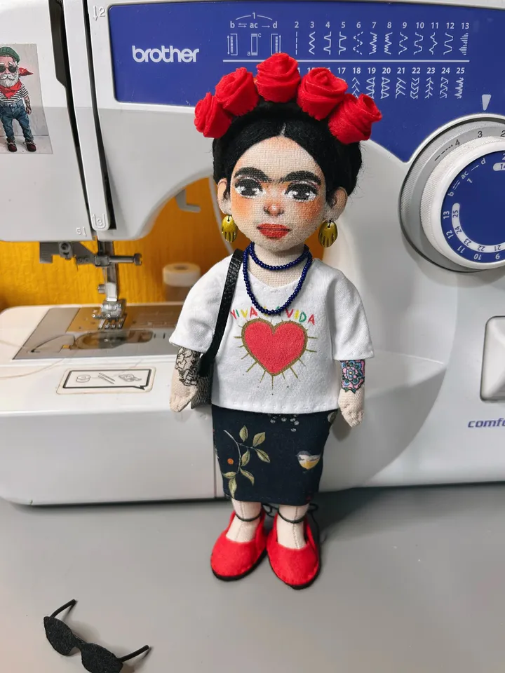 Special order, textile art doll inspired by Frida