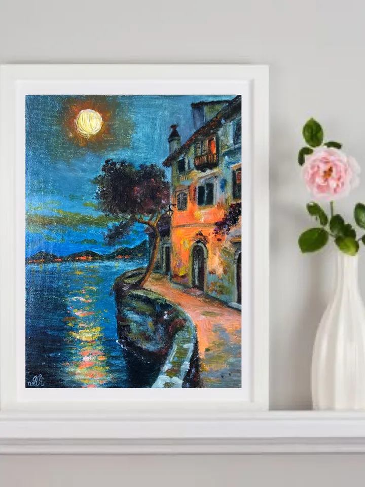 Summer night original oil modern painting wall art 6x8 inches