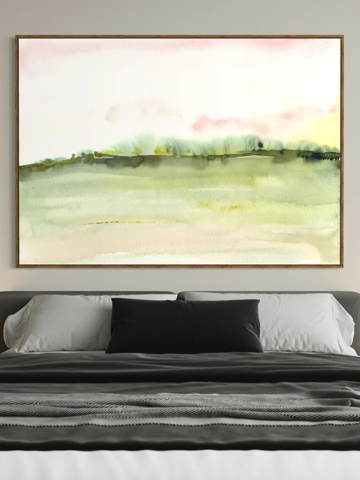 Pink Green Landscape Watercolor Painting,Neutral Maximalist Pink Art,Horizontal Art, Minimalist Landscape Wall Art, Pink Wall Decor