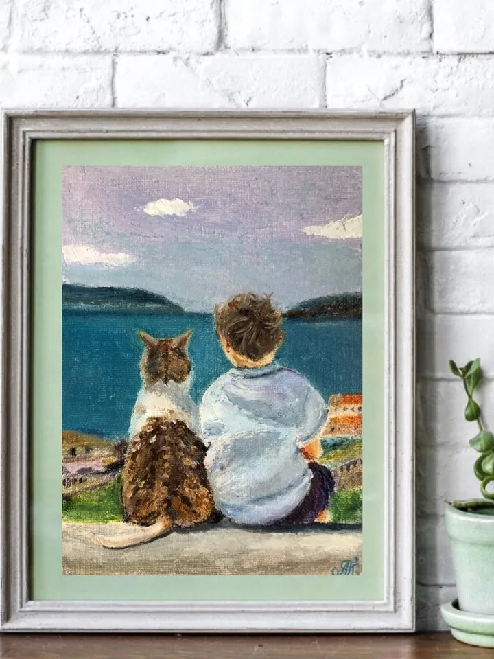 Baby and cat original oil modern painting wall art 6x8 inches
