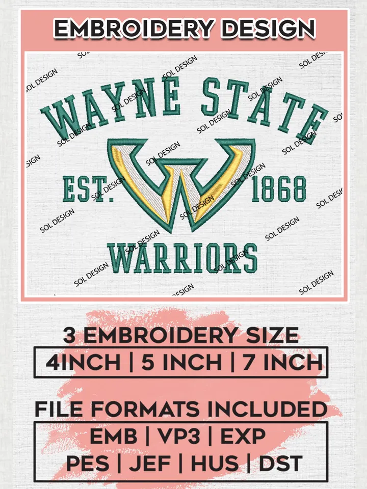 NCAA Wayne State Warriors Team Est 1868 Logo Embroidery Design Files, NCAA Wayne State Warriors Machine Embroidery, NCAA Teams, 3 sizes, NCAA Machine embroidery designs, Digital Download