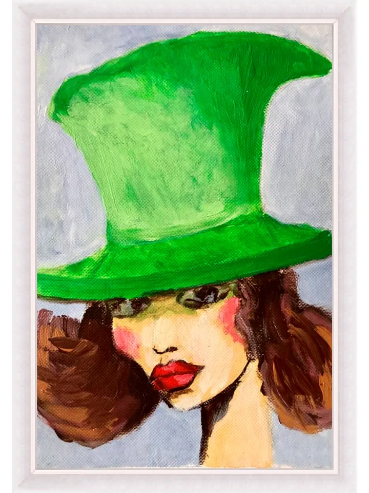 Girl in Green Hat Painting, Original Female Portrait Painting