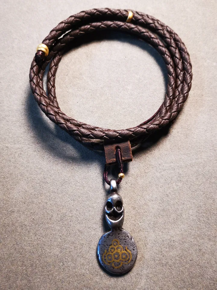 Gandhanra Handmade Buddhist Amulet,Skull Sītavana and Flame Pendant,Cold Iron inlaid Copper