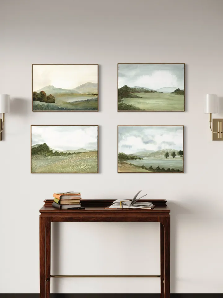 Landscape Painting Set Of 4 Watercolor Art Prints, Neutral Mountain, Wall Art Set, Home Office Poster, Over Bed Wall Decor,Vintage Print Set