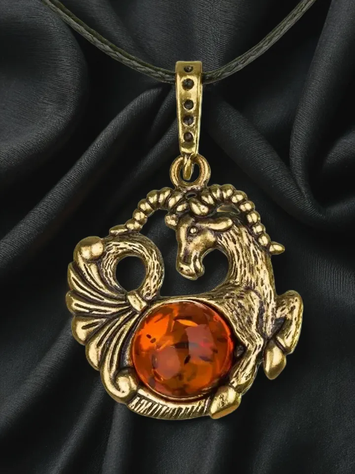 Amber Capricorn Zodiac Necklace Pendant Gold Baltic Amber Pendant Jewelry Women Men Christmas Birthday Gift Friend boyfriend Office everyday jewelry
