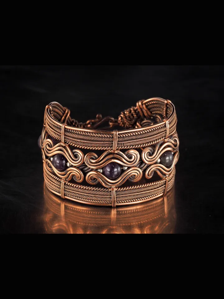 Copper wire wrapped bracelet with amethyst for lady Antique style WireWrapArt