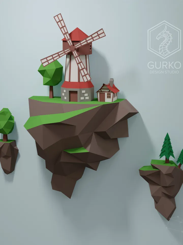 Papercraft Flying Island. Mill, Digital Template, PDF Download, Gurko, 3D Low Poly, Pepakura, DIY Origami Sculpture, Paper Decor, DIY Gift