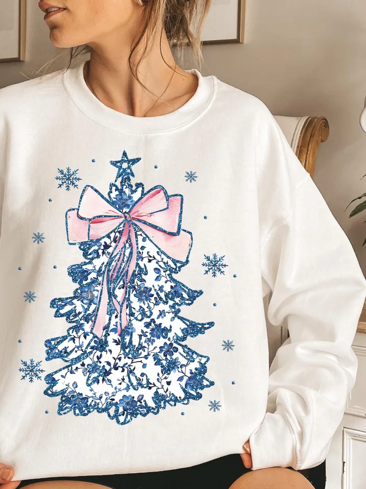 Coquette Glitter Chinoiserie Christmas Tree Png, Coquette Blue Christmas Png, Christmas Toile Png, Blue Floral Bow, Preppy Christmas Png