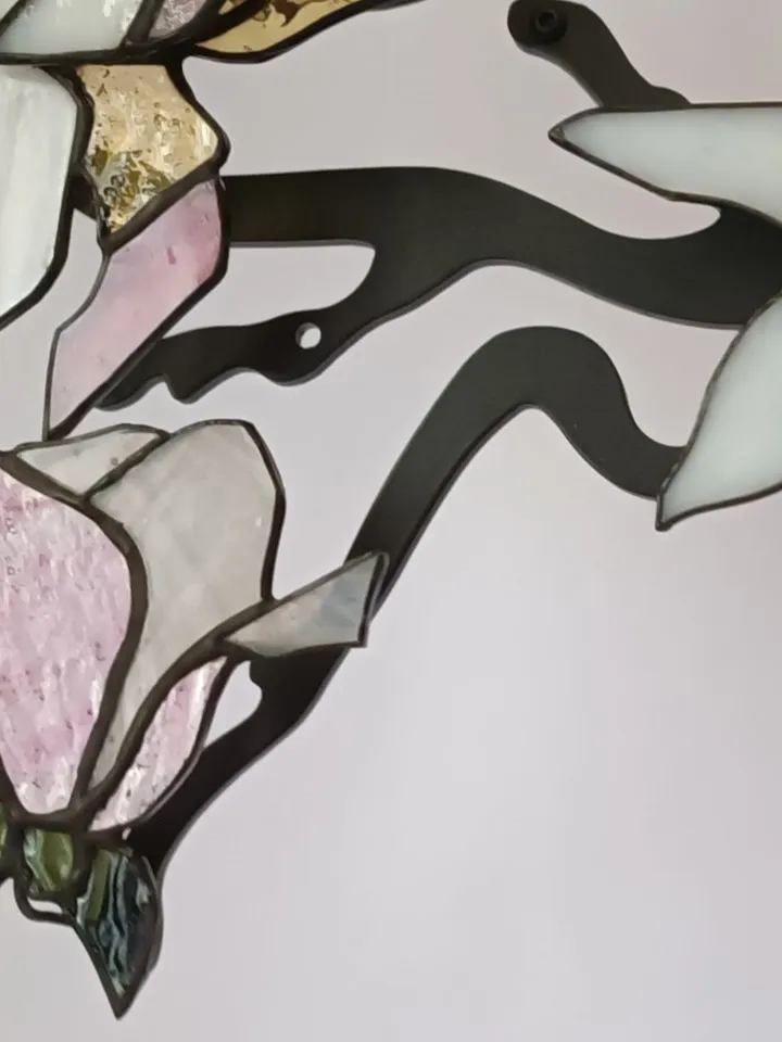 Jays on Magnolia Branch (Pink Large Flowers), Tiffany Stained Glass, Tiffany Glass Jay Birds on Magnolia Branch with Pink Blooms, Handcrafted Stained Glass Jays on Magnolia with Large Pink Flowers, Tiffany-Style Glass Art,Tiffany Stained Glass Composition