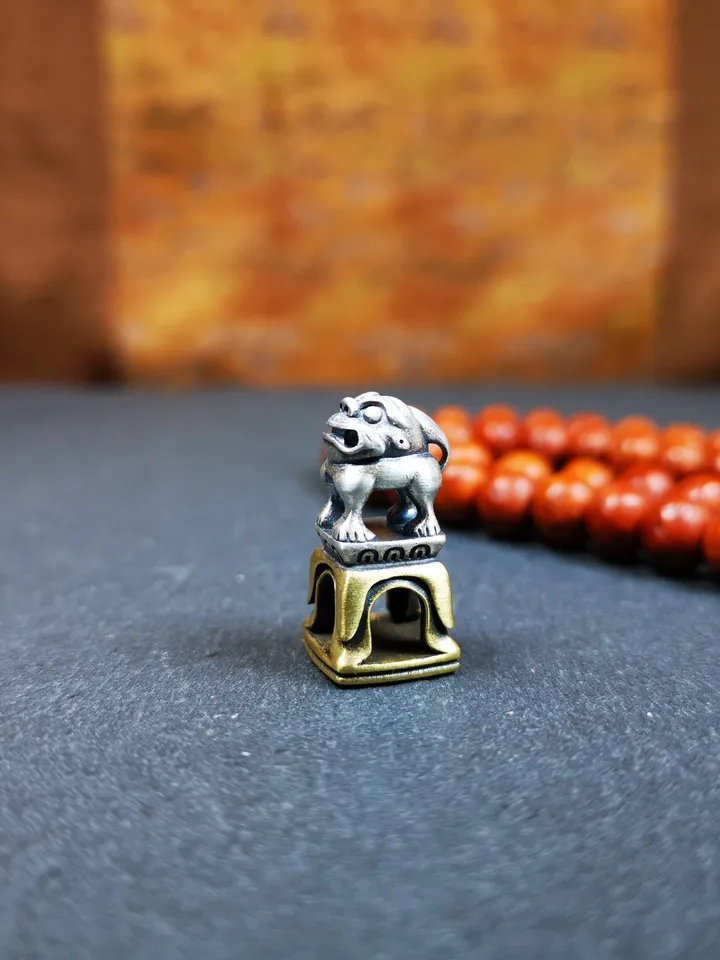 Gandhanra Tibetan Buddhism Seal Amulet,Snow Lion Shape with Kalachakra Symbol,Handmade of Silver and Brass, 0.9"