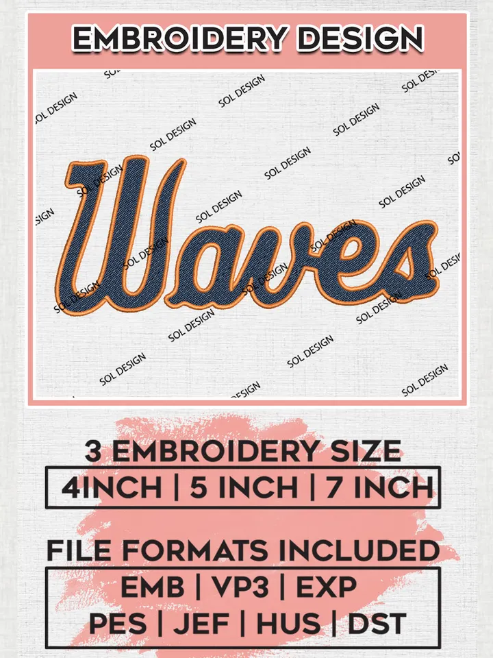 NCAA Waves Football Team Word Logo Embroidery Design Files, NCAA Pepperdine Waves Machine Embroidery, NCAA Teams, Game Day, 3 sizes, NCAA Machine embroidery designs, Digital Download