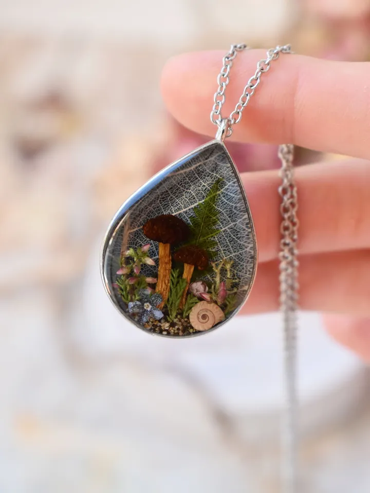 Real mushroom pendant. Necklace with dried mushrooms in resin. Necklace with a forest composition.