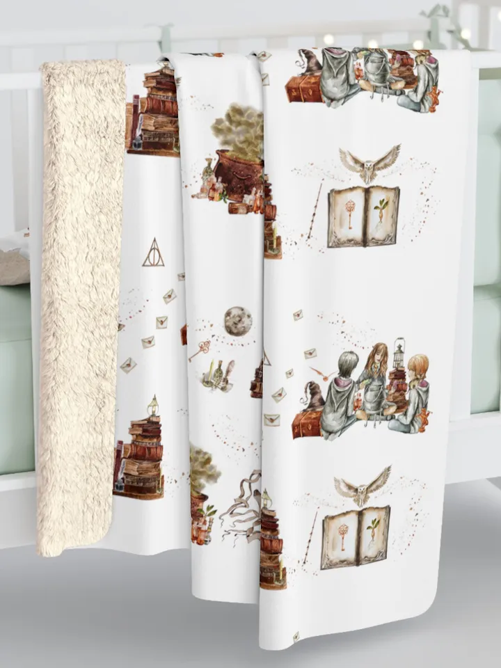 Wizarding World Baby Blanket; Magic School Baby Fleece Blanket Owl Key Magic World Custom Wizard Blanket Gift for Baby Sherpa Blanket WBB12