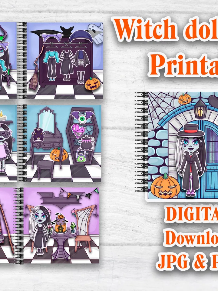 Printable Witch Paper doll house ,Halloween printable doll with a set clothes, Blythe paper doll dress up, Busy book printable crafts kids