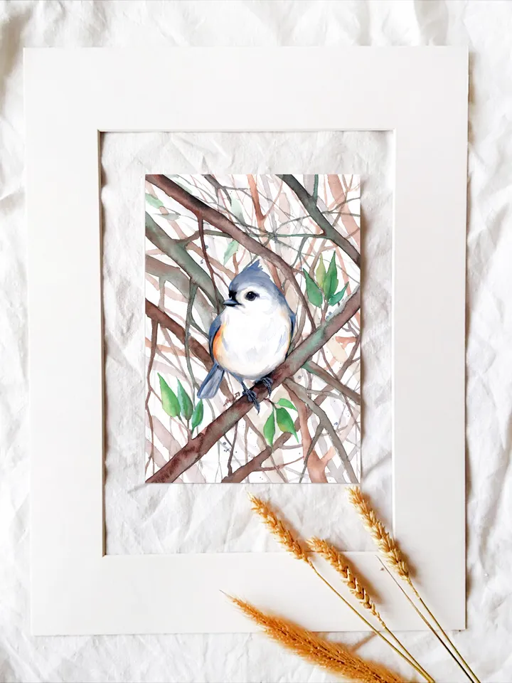 Titmouse Original watercolor, bird painting, wall decor, birds lover gift, 8x11 in handmade art by Anne Gorywine