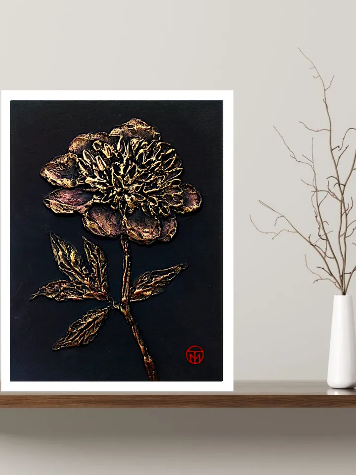 Peony Painting Textured Original Art Bas Relief Small Flower Painting Floral Black Gold Wall Art 8"x 6" By Colibri Art