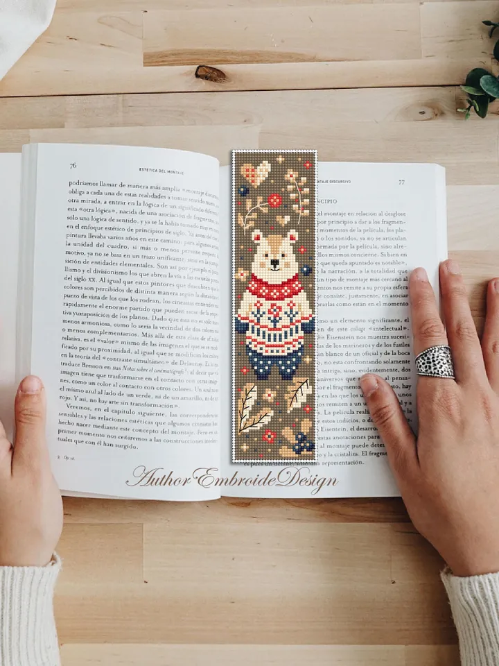 Animal bookmark cross stitch pattern PDF download Scandinavian folk bear cross stitch chart, Autumn bookmark pattern digital PDF #B425