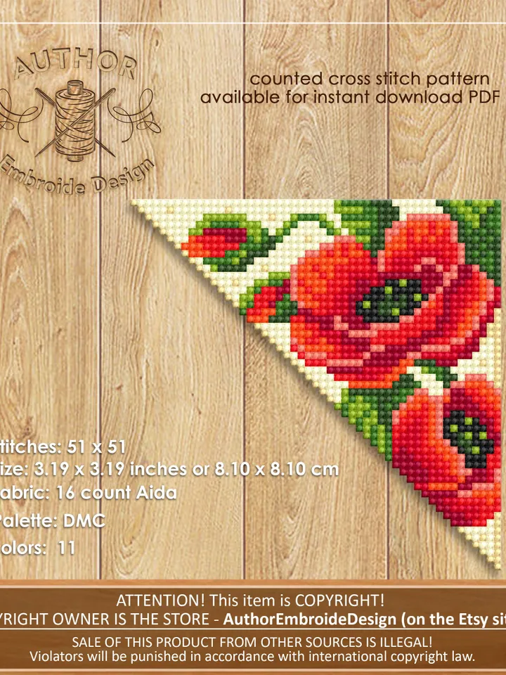 Corner bookmark poppies cross stitch pattern PDF download Red poppy flower cross stitch chart, Floral bookmark corner digital PDF #B194