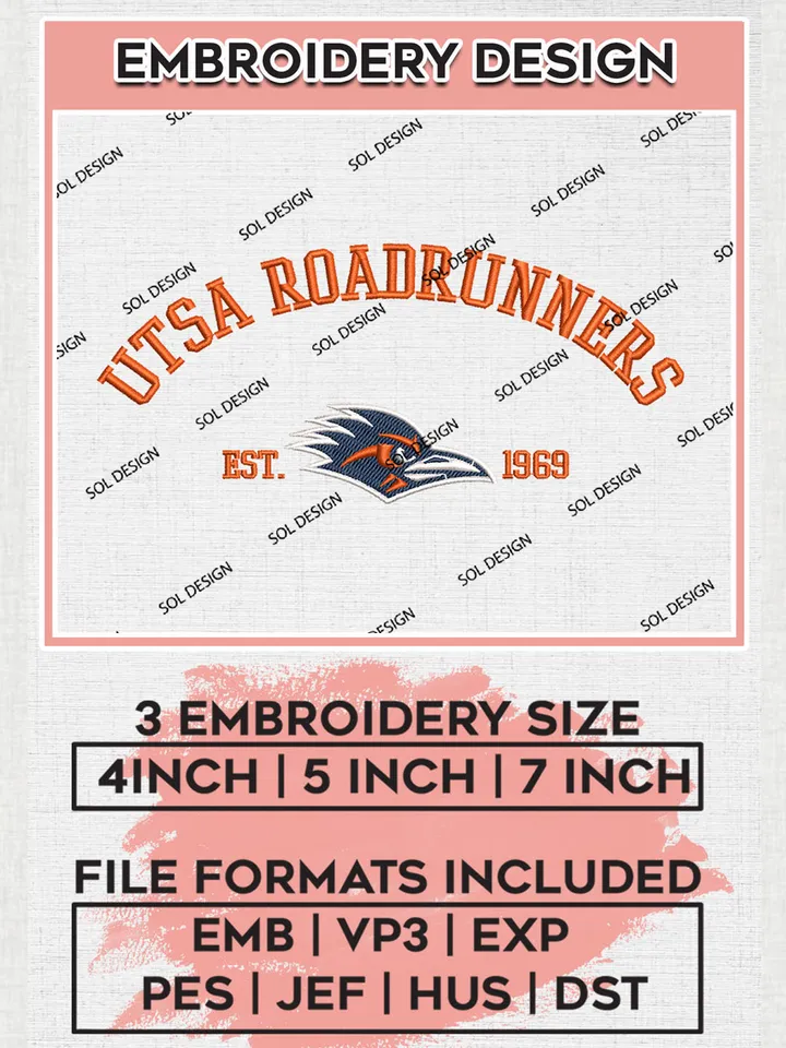 NCAA UTSA Roadrunners Team Est 1969 Logo Embroidery Design Files, NCAA UTSA Roadrunners Machine Embroidery, NCAA Teams, 3 sizes, NCAA Machine embroidery designs, Digital Download